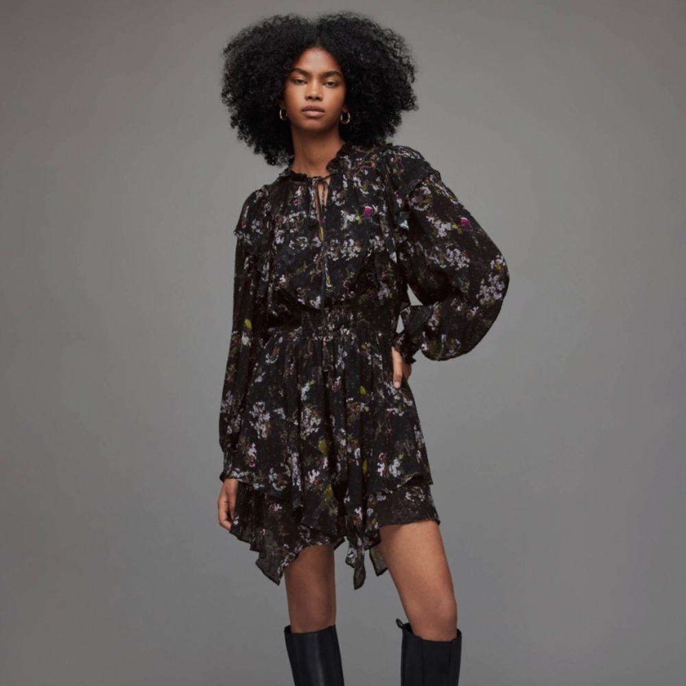 All Saints Black Floral Long Sleeve Dress